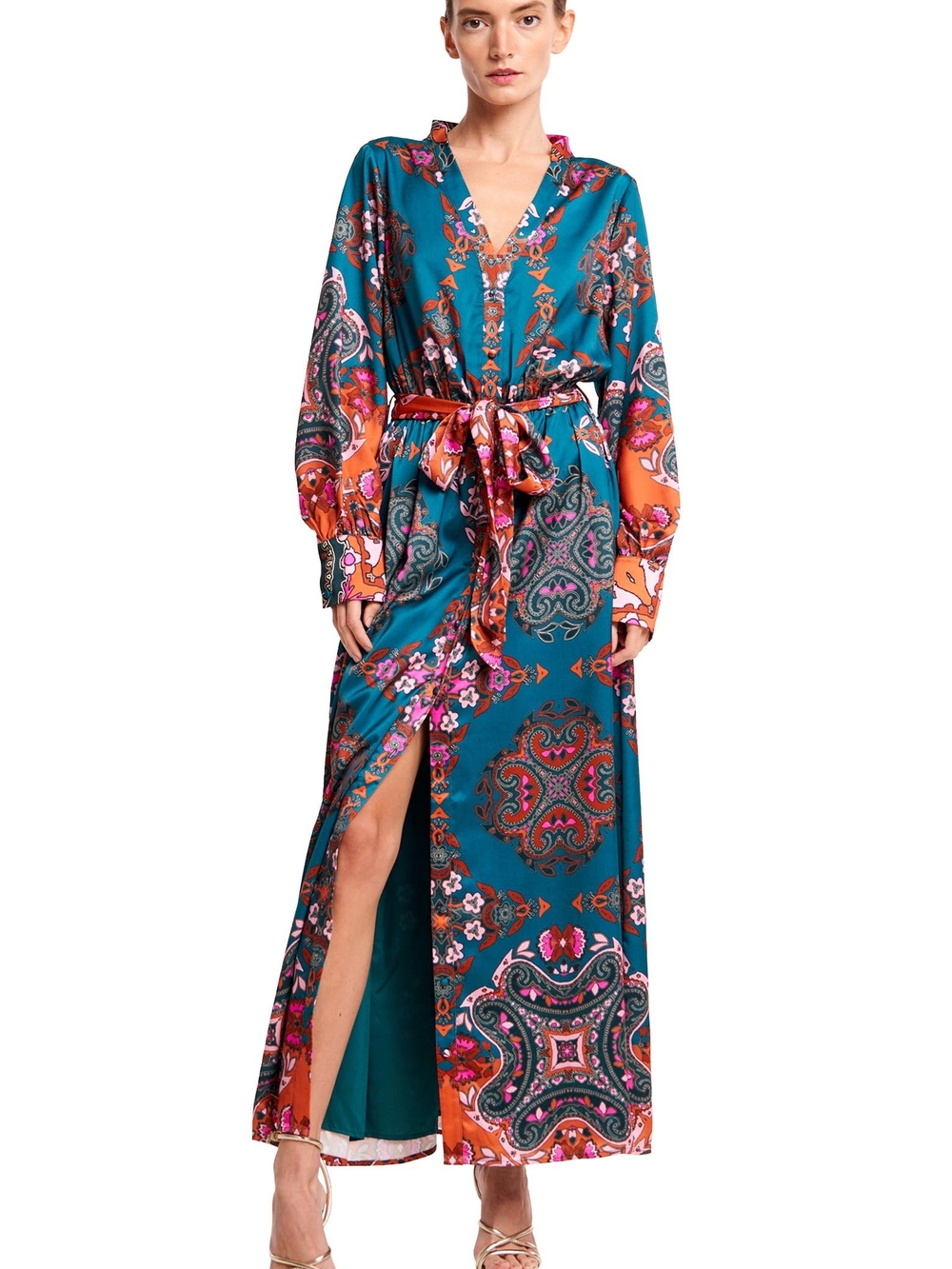 Ciebon Nora Print Long Sleeve Maxi Shirt Dress Navy Button Down Women Large - Picture 13 of 13